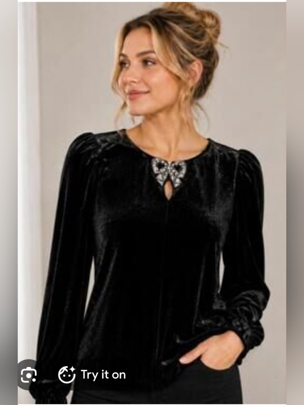 Loft Black Velvet Long-Sleeve Top with Rhinestone Bow Accent sz Medium